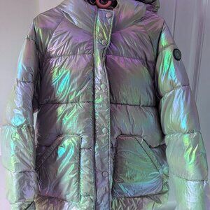 Noize Bonita Mid length belted puffer in Tanzanite XXL iridescent holographic